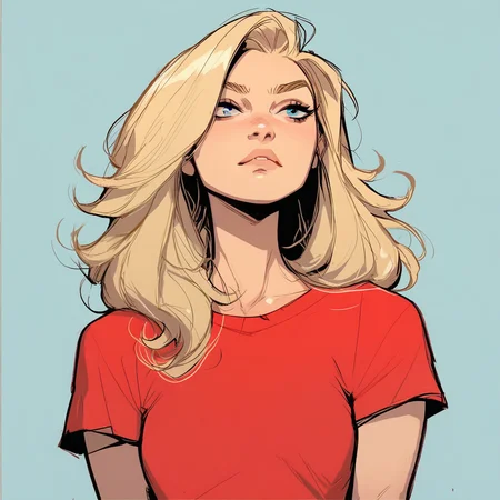score_9, score_8_up, score_7_up, FFGNS, a woman, blue eyes, blonde hair, red shirt,