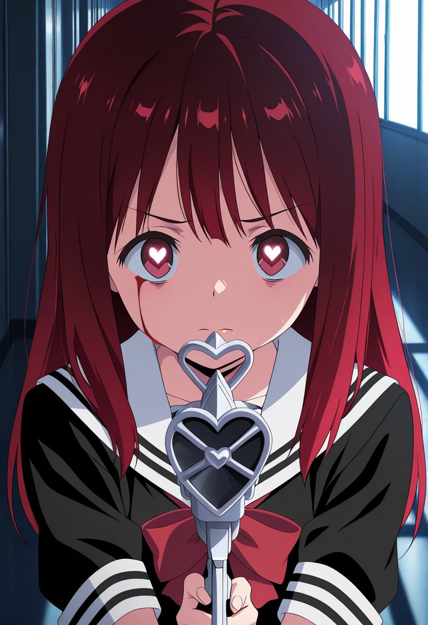 anime coloring, anime screencap, masterpiece, best quality, amazing quality, detailed face, aya asagiri, 1girl, solo, upper body, school uniform, black serafuku, red bow, red eyes, heart eyes, red hair, bowtie, sailor collar, closed mouth, holding gun, gun pointed at viewer, gun muzzle perspective, heart-shaped pupils, serious expression, blood on uniform, dramatic lighting, looking at viewer, anime style