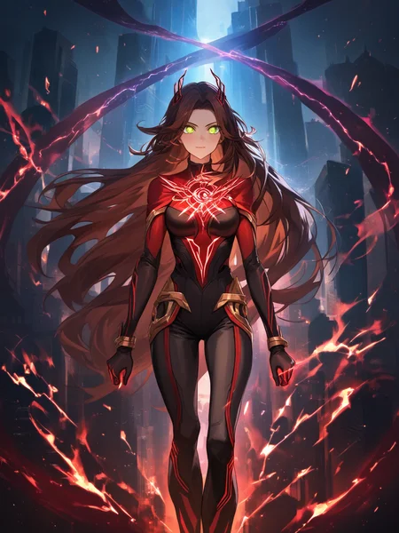 masterpiece, best quality, very aesthetic, absurdres,   .,, Wanda Maximoff, (Height, Approximately 5 feet 7 inches (170 cm), balanced and elegant stature:1),  (Build, Slim and toned, with a graceful and proportionate figure:1), (Hair, Long, wavy, auburn hair that cascades past her shoulders. hair appears more reddish, Hair leans towards brown:1), (Eyes, Hazel or green eyes, expressive and piercing, often glowing red when sheâs using her powers:1),  (Skin, Fair complexion with a smooth and radiant appearance:1),, Chaos aura concept art, embodies immense, reality-altering magical powers and emotional intensity. portrayed as wild, unpredictable, and charged with energy. (swirling crimson or scarlet energy radiating outward in jagged or tendril-like patterns:1), (fractals of light resembling shattered glass, representing the down of reality:1), (chaotic orbs of glowing red energy that pulsate, float, or hover:1), (a dark, smoky mist intertwined with the red glow, giving a sense of depth and power:1), (dynamic magical runes or symbols briefly appearing and fading within the aura:1), (fluctuating intensity, the aura grows more violent during emotional or magical outbursts:1),  (glowing eyes or other visual cues, linking emotions directly to magic:1), . , <lora:skyline-abstract:0.5>, background, scenery, skyline, outdoors, street, star, painting, <lora:wabstyle:1><lora:wabstyle:1><lora:wabstyle:1><lora:wabstyle:1>