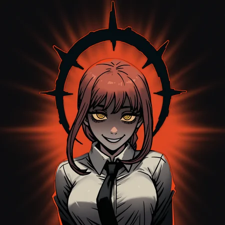 masterpiece, best quality, very aesthetic, absurdres BREAK
1girl, makima \(chainsaw man\), yellow eyes, ringed eyes, glowing eyes,
affliction, black halo, evil smile,
upper body, solo, red background, black background <lora:AfflictionIllustriousXL_byKonan:1.2>