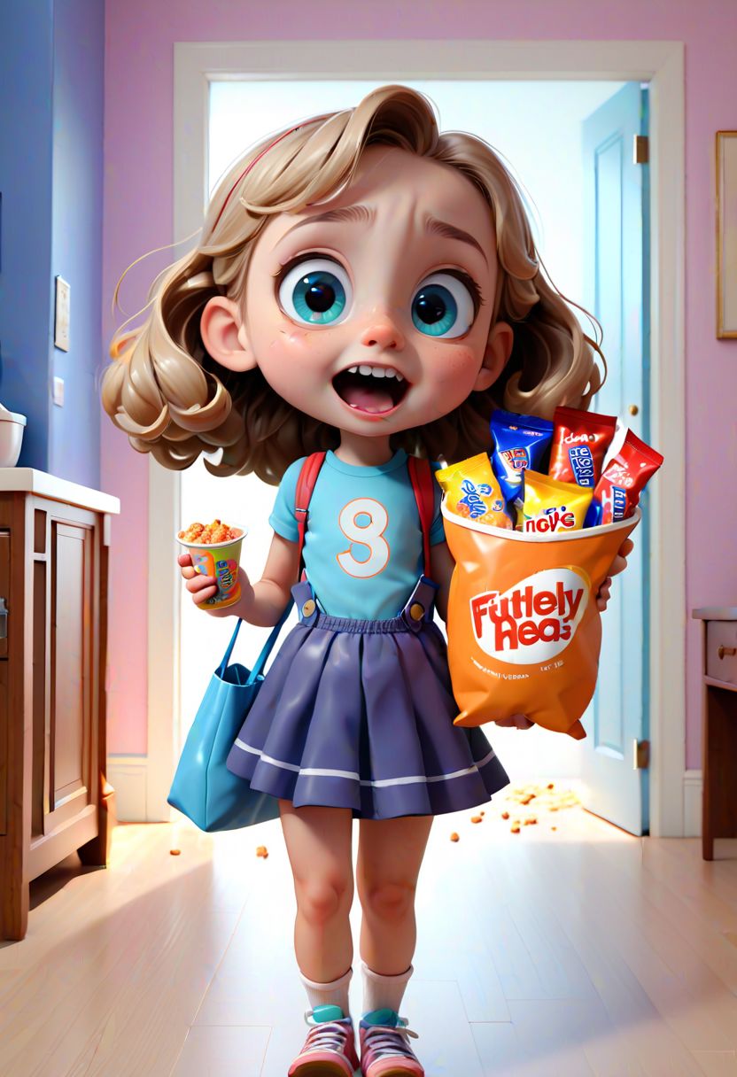 celluloid style, wave painting, american illustration, little girl holding a bag of snacks, with crumbs around her mouth, colorful watery eyes, happy, in the room, 3d, blender, oc, c4d