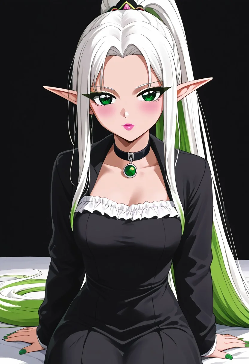 (masterpiece), best quality, expressive eyes, perfect face,
1 Girl
(((White very long ponytail with Green ombre hair)))
(((White hair)))
(((Green ombre hair)))
(((Green gradient hair)))
((White and Green Multicolored hair))
((Hair between eyes))
((Green eyes))
((Elf ears))
((Pointy ears))
((Mole under eye))
((Medium breasts))
((White rose simple dress))
((Black jacket))
((Choker))
((Looking at viewer))
((Sitting in a lotus position))
((Serious face))
((T-pose))
((Night beach))
((Night))
((Green nail polish))
((Pink lips))
((Orange makeup))
((Elf earings))