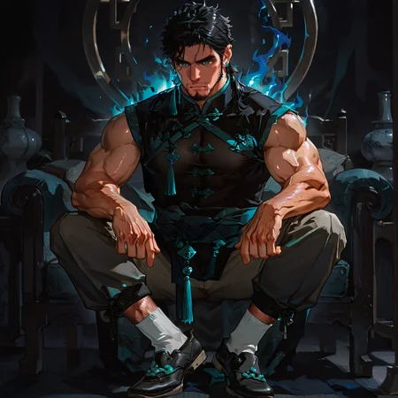 <lora:Na_Zhu__Alchemist_Code-000005:.75> tagatamezhu, zhu_black hair, zhu_green eyes, 1boy, short hair, single earring, solo, male focus, manly, mature male, bara, muscular male, tangzhuang, sash, tassel, accessories, pants, socks, shoes, blue fire
short hair, male focus, muscular male, muscular male, bara, mature, (hairy body, hairy, body hair, glossy skin, bara, mature, facial hair, beard, full beard, sideburn, mustache, stubble), facial hair, bara, mature, body hair, aixiwuganda_(20222192), very awa, masterpiece, best quality, absurdres, newest, perfect quality, detailed background, intricate details,, <lora:slider_Body Type_alpha1.0_rank4_noxattn_last:3><lora:Anime Summer Days 2 Style SDXL_LoRA_Pony Diffusion V6 XL:.6><lora:merged:.7>, DARK, DARK BACKGROUND, LOW-KEY LIGHTING <lora:slider_cfg_scale_boost:.7><lora:Artist6p:.55>, Artist6p, Artist04p,<lora:slider_il_contrast_slider_d1:-.25>,<lora:slider_contract_controller_illus01_v1:.3>, <lora:addon_illustriousXLv01_stabilizer_v1.121:.5>,<lora:Heavenly_Beauty_r1:1>, (heavenlybeauty,)<lora:slider_style_strength_controller_illus01_v1:.25>