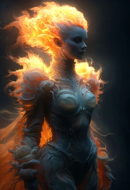 assassinkahb style, A mystic ElementsMix smiling busty fmb rococo woman resembling an fire-element in pastel neon striped knitted fluffy bodysuit with HR Giger inspired giant shoulder pads, crepuscular rays, volumetric lighting, ultra detailed