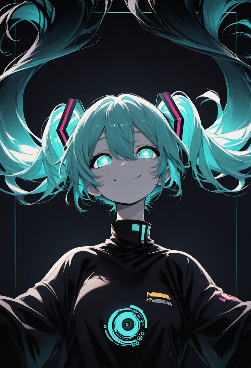 1girl, solo, hatsune miku, long hair,aqua hair,twintails,hair ornament,sidelocks,hair between eyes,parted bangs,aqua eyes ,dark theme floating hair glowing pupils, smile, close mouth, open arms, portrait ,smiling outside border, masterpiece ,best quality ,amazing quality, neo_pop