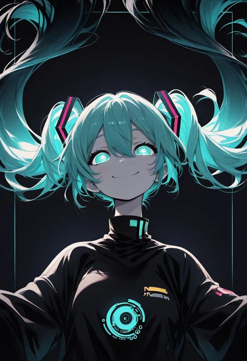 1girl, solo, hatsune miku, long hair,aqua hair,twintails,hair ornament,sidelocks,hair between eyes,parted bangs,aqua eyes ,dark theme floating hair glowing pupils, smile, close mouth, open arms, portrait ,smiling outside border, masterpiece ,best quality ,amazing quality, neo_pop