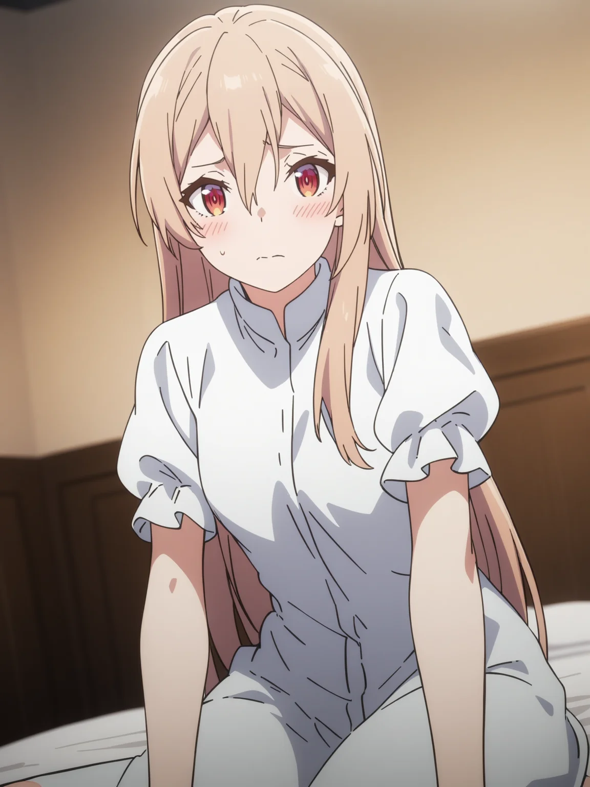 <lora:menou_virginrd_SDXLv1.1-000031:0.9>, menou, 1girl, solo, hair down, long hair, hair between eyes, white pupils, looking at viewer, closed mouth, embarrassed, blush, white nightgown, short sleeves, juliet sleeves, barefoot, sitting on bed, indoors, bedroom, cinematic angle, (masterpiece), (best quality), (ultra-detailed), very aesthetic, illustration, perfect composition, intricate details,