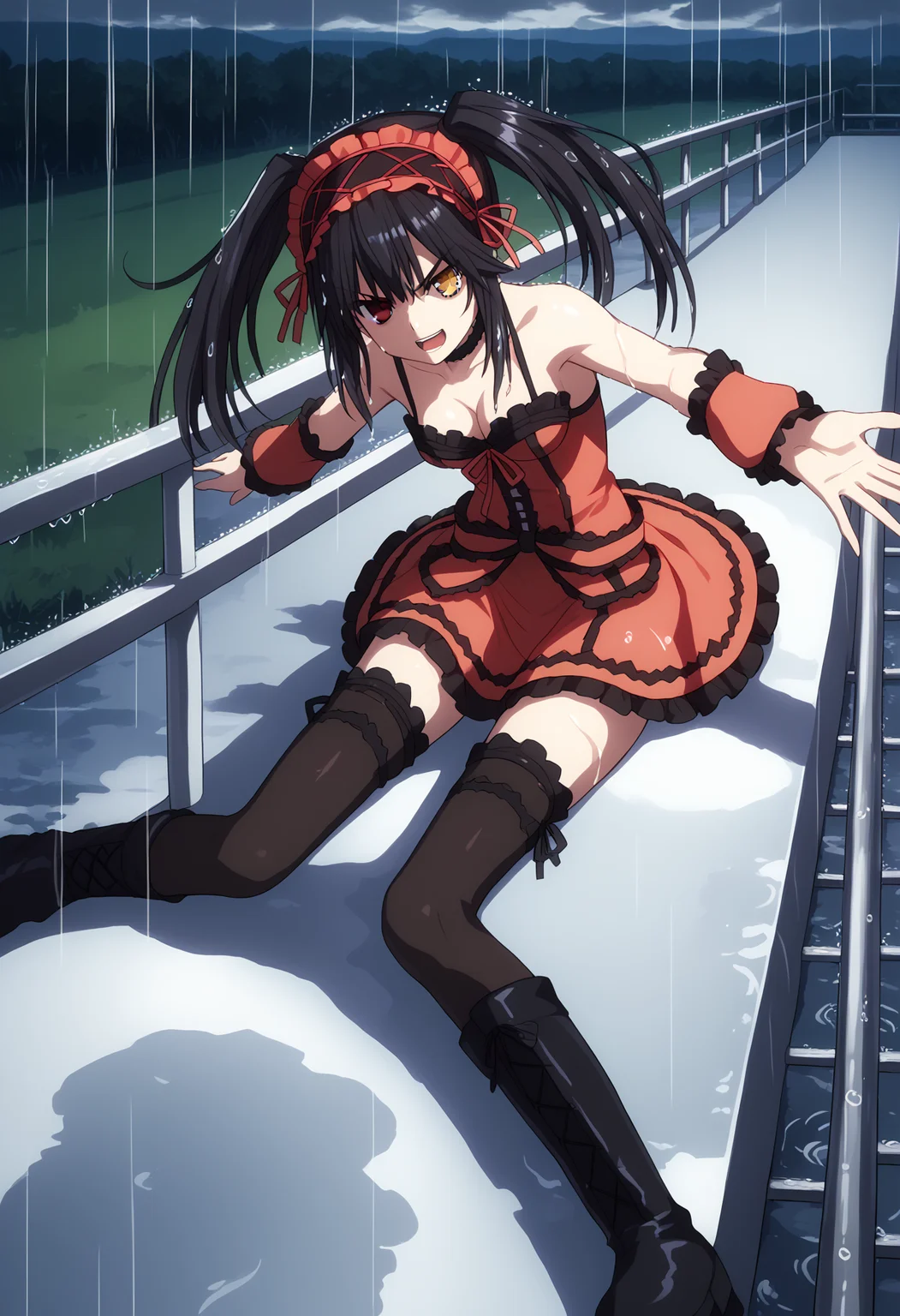score_9, score_8_up, score_7_up, source_anime, rating_explicit,
BREAK
<lora:shiRainingV1:1>, shirain, rain, night,
outdoors, wet, wet hair, sitting, against wall,
1girl, solo,
<lora:shiKurumiV2:1> kurdef, long hair, black hair, twintails, red eyes, yellow eyes, clock eyes, heterochromia, hairband, bare shoulders, detached sleeves, choker, red dress, cleavage, bow, black thighhighs, lace-up boots,
looking at viewer, angry, shadow, lightning, cloud,
rooftop, railing, outstretched arms, laughing, open mouth, reflection,