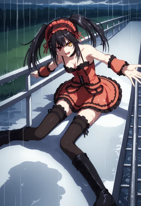 score_9, score_8_up, score_7_up, source_anime, rating_explicit,
BREAK
<lora:shiRainingV1:1>, shirain, rain, night,
outdoors, wet, wet hair, sitting, against wall,
1girl, solo,
<lora:shiKurumiV2:1> kurdef, long hair, black hair, twintails, red eyes, yellow eyes, clock eyes, heterochromia, hairband, bare shoulders, detached sleeves, choker, red dress, cleavage, bow, black thighhighs, lace-up boots,
looking at viewer, angry, shadow, lightning, cloud,
rooftop, railing, outstretched arms, laughing, open mouth, reflection,