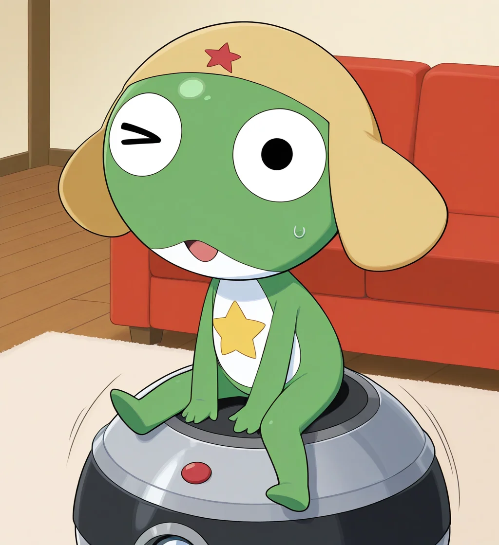 high resolution, best quality, 4k, solo, speed lines, open mouth, winking, male, sitting on roomba, living room background <lora:Keroro_-_Keroro_Gunsou_-_IL:1> keroro, chibi, semi-anthro, green skin, two tone body, floppy cap, yellow star symbol on belly, simple eyes