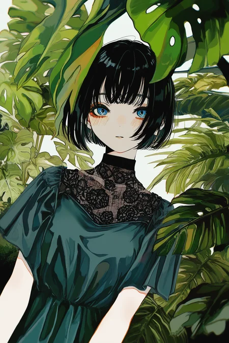 masterpiece, best quality, amazing quality, high resolution, very aesthetic, absurdres, detailed background,  <lora:illustriousXL_stabilizer_v1.23:0.3>,(watanabe tomari:0.85),  realistic, creative angle, (cogecha:0.6),
Elegant young woman with short dark bob haircut and soft pale skin, wearing a textured green high-neck dress, framed by large Monstera deliciosa leaves, lively plants, leaves covers her half body, leaves in front of her, Dreamy gaze, natural makeup, soft blush, full lips. Studio lighting, botanical portrait, fashion editorial style, highly detailed, muted tones, lush foliage