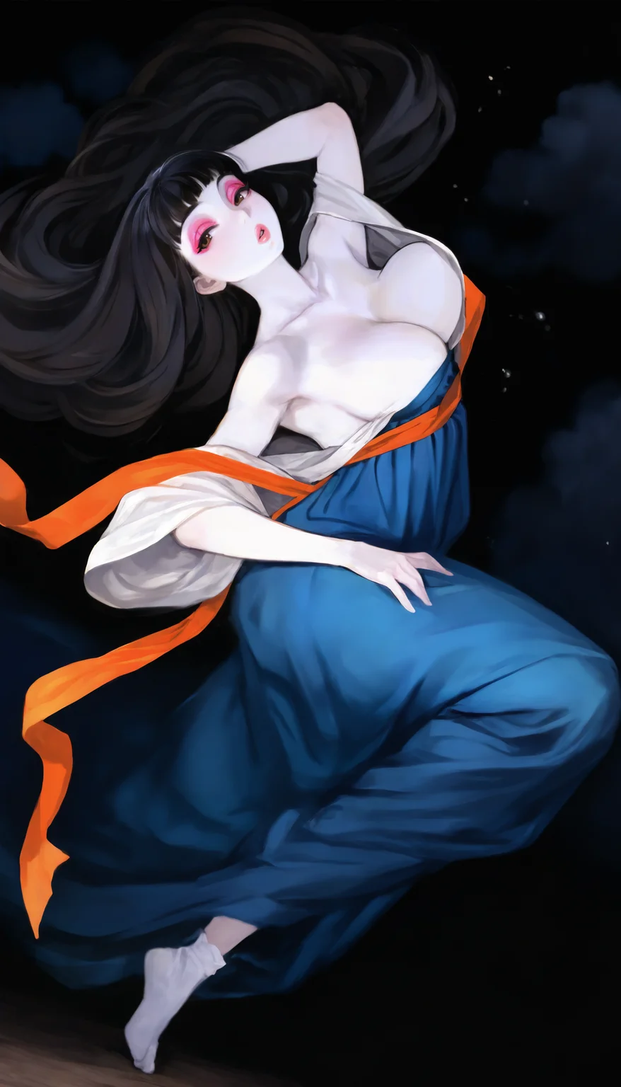 masterpiece,best quality,amazing quality,
<lora:celestialmaidenNAI:1>,celestialmaiden,pale skin,
1girl,solo,black hair,long hair,blunt bangs,brown eyes,pink eyeshadow,white robe,blue chest skirt,cleavage,orange waist ribbon,orange sash around arms,white socks,
full body,parted lips,large breasts,bouncing breasts,dancing,flowing hair,topless,in air,jumping,leaning forawrd,
outdoors,
night sky,(glowing aura:1.2),light particles,cloud,