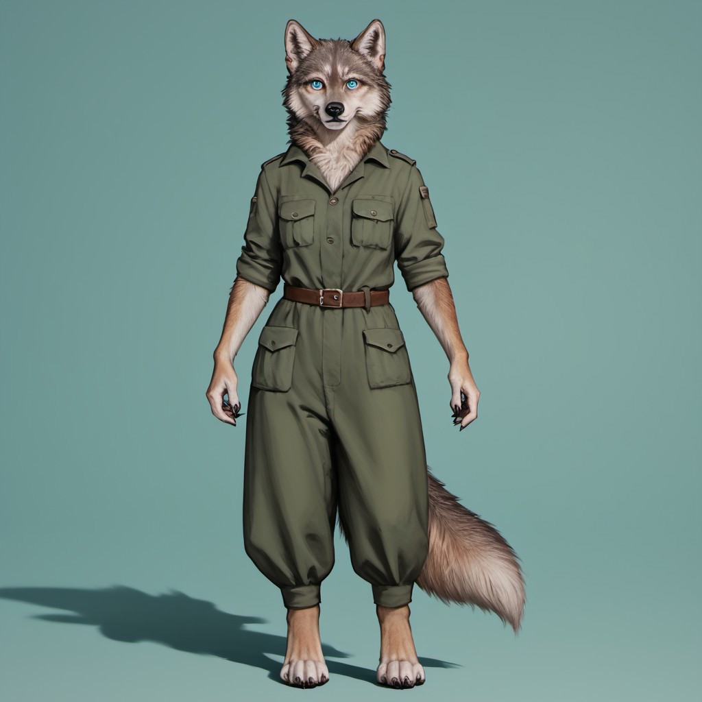 score_9, score_8_up, score_7_up, source_furry, detailed face, detailed eyes, incredible detail BREAK 1girl, solo, anthro, wide shot (furry female, wolf, light brown fur, monotone fur, light blue eyes,slightly wide hips, small breasts), black nose, whiskers, ear flop, solo, looking at viewer, telegramstickerxl, white outline, drop shadow, simple background, green background, full body, hunter outfit, archer outfit