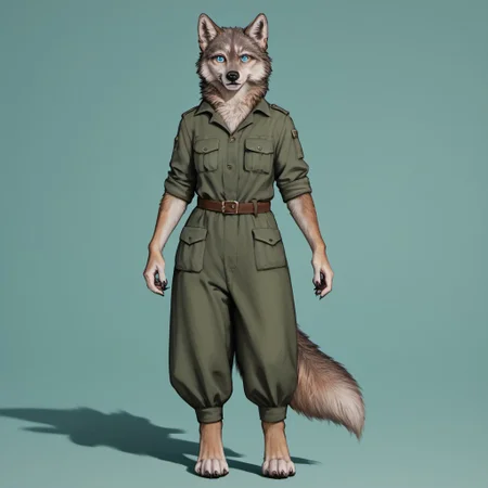 score_9, score_8_up, score_7_up, source_furry, detailed face, detailed eyes, incredible detail BREAK 1girl, solo, anthro, wide shot (furry female, wolf, light brown fur, monotone fur, light blue eyes,slightly wide hips, small breasts), black nose, whiskers, ear flop, solo, looking at viewer, telegramstickerxl, white outline, drop shadow, simple background, green background, full body, hunter outfit, archer outfit