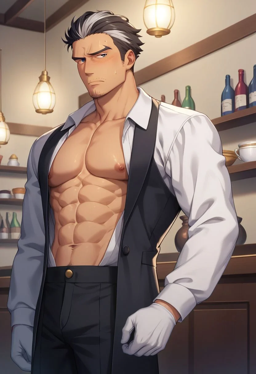 score_9,score_8_up,score_7_up, solo male, Isao Kawada, streaked hair, two-tone hair, slicked back hairstyle, (facial hair, stubble),  black eyes, butler, formal, white shirt, open shirt, abs, pecs, black pants, white gloves, monocle, eye glass, adult, mature, masculine, tone body, handsome, charming, alluring, standing, upper body, perfect anatomy, perfect proportions, best quality, masterpiece, high_resolution, dutch angle, cowboy shot, indoor, cafe background, resigned expression, bored , blush, embarrassed, sweatdrop, ((perfecteyes))