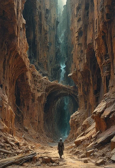 Dry riverbeds  futuristic crystal of the picture shows water, a city, still from alita, japanese art, cinq terre, ryan meinerding, surreal photo, their bodies wasted by thirst and hunger, wander through the dust  panoramic, engagement that reaches across a digital landscape. the bridge cybergoth fashion dog accounts for a small part of the picture,  existences in the background, towering mountains loom, all interwoven to create a sense of rhythm and flow.