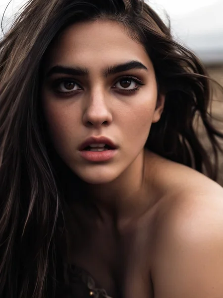 Cinematic fashion photograph Amina_Massoud_P_MXAI_SDXL close up shot, frightened expression