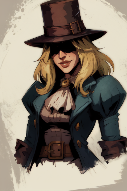 GrveRbber, blond hair, smile, top hat, coat, pants, fingerless gloves, belt, ascot, standing, upper body, woods, dark, graveyard, darkest dungeon, (insanely detailed, beautiful detailed face, masterpiece, best quality) <lora:GraveRobber-10:0.7>