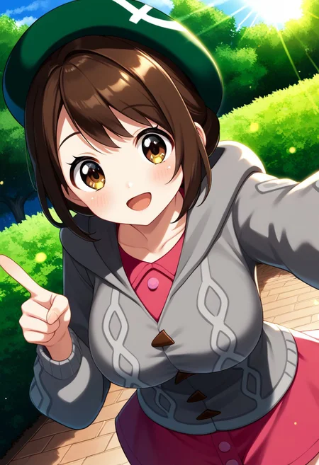 score_9, score_8, score_7_up, source_anime, (nsfw:1.0), BREAK,
cute 1girl, shiny_skin, (large breasts), skinny body, brown_hair, brown_eyes, tareme, green_headwear, hooded_cardigan, pink_dress,
angle:random,
smile,
any pose, pointing own mouth,
outdoors, light particles, light rays, park, blue sky,