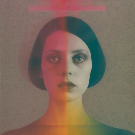 solargram effect, portrait of a person, avant-garde editorial cover inspired by dazed magazine, diffused soft light, film grain, mixed media screen print inspired by Hannah Höch, mark rothko,Guy Bourdin,hyper detailed