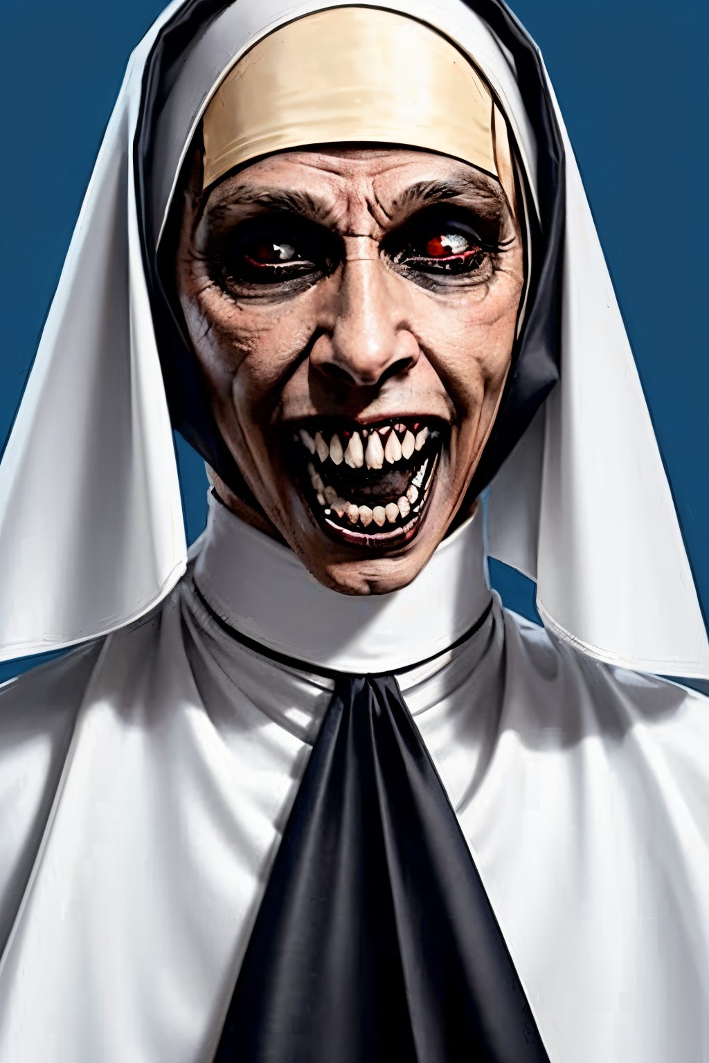 (Realistic:1.5) (masterpiece) (full body portrait)) horror what, grin, brown eyes, short hair, solo, brown hair, tongue, blue background, undead, nun, male focus, horror (theme), blue background, close-up, colored sclera, red eyes,   <lora:EdobHorror_v1.0:0.8>