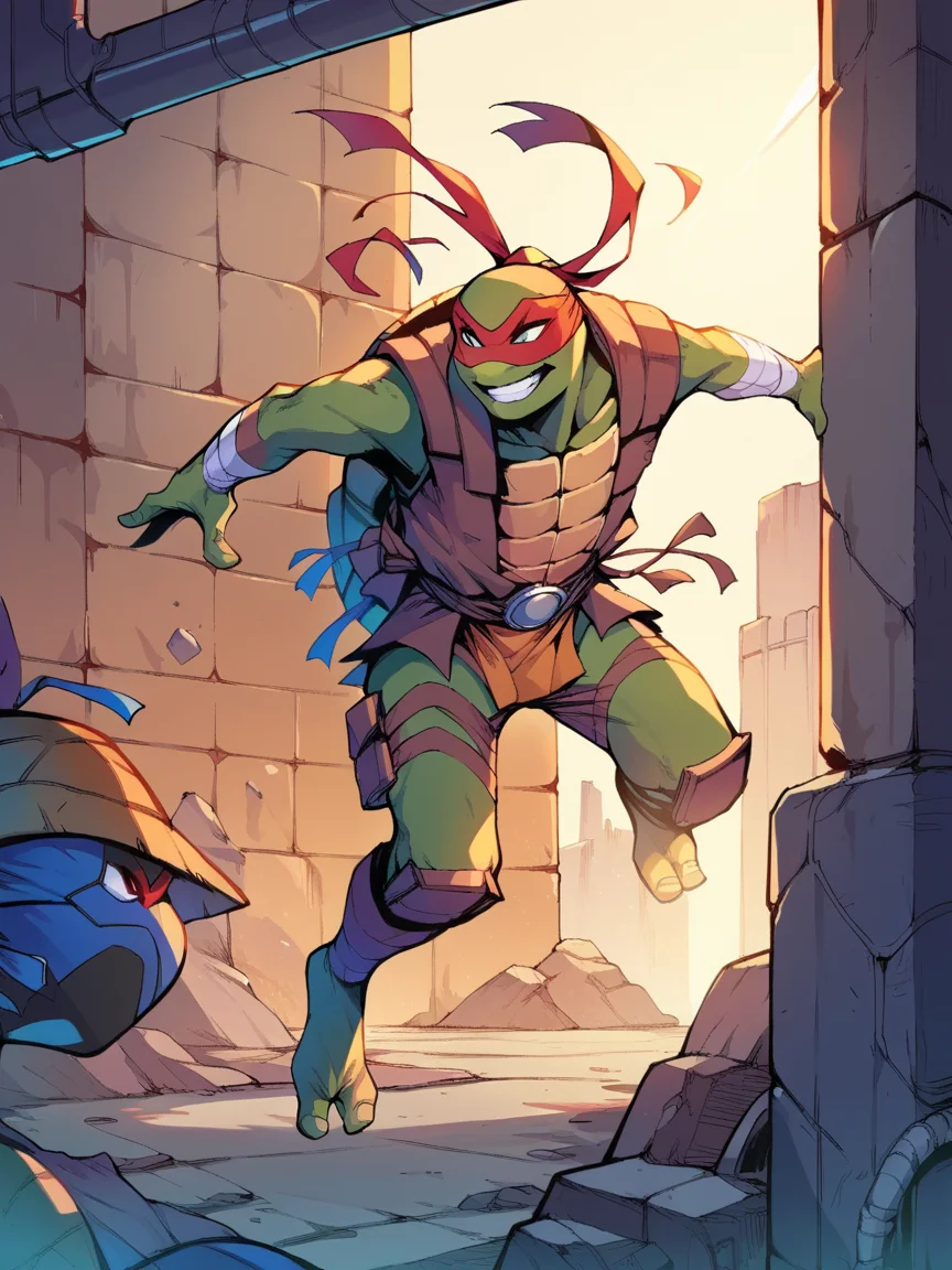 score_9, score_8_up, score_7_up, score_6_up, <lora:r0n1nXLP:1> r0n1n, science fiction, ninja turtle, 1boy