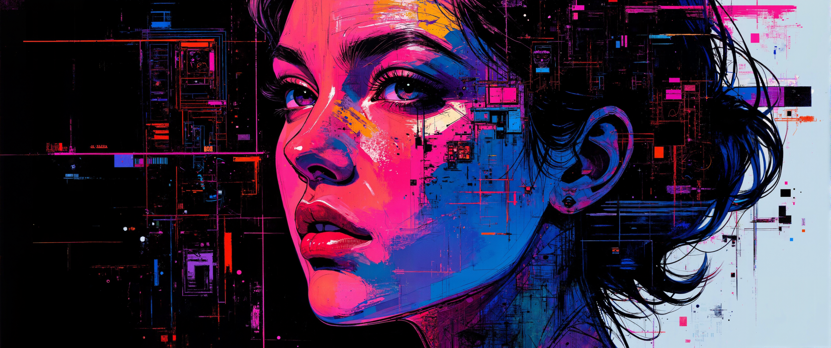 A vibrant digital glitch art composition featuring fragmented elements of classical portraiture distorted through data corruption algorithms. Layered RGB channel shifts create chromatic aberrations where shattered facial features emerge from binary code textures. The subject appears both dissolving and materializing, caught between digital and physical realms, with pixelated artifacts forming geometric patterns throughout. Algorithmic noise introduces vibrant neon color distortion against deep digital voids. Circuit-inspired lines interconnect remnants of human features, while datamoshing techniques create fluid transitions between structured and chaotic elements. Sharp pixel sorting sections contrast with analog signal interference patterns, all rendered in high-resolution with authentic digital compression artifacts that paradoxically enhance the composition's technical sophistication. <lora:Dark_Gothic_Comic_style_v.2:0.6> <lora:Synesthesia:0.6> <lora:ck-charcoal-drawing-000014:0.5> <lora:ç»ªå¿ CGé£æ»¤éFLUX:0.4> <lora:Organic Sauce - FLUX:0.5> <lora:flux_dev:1>