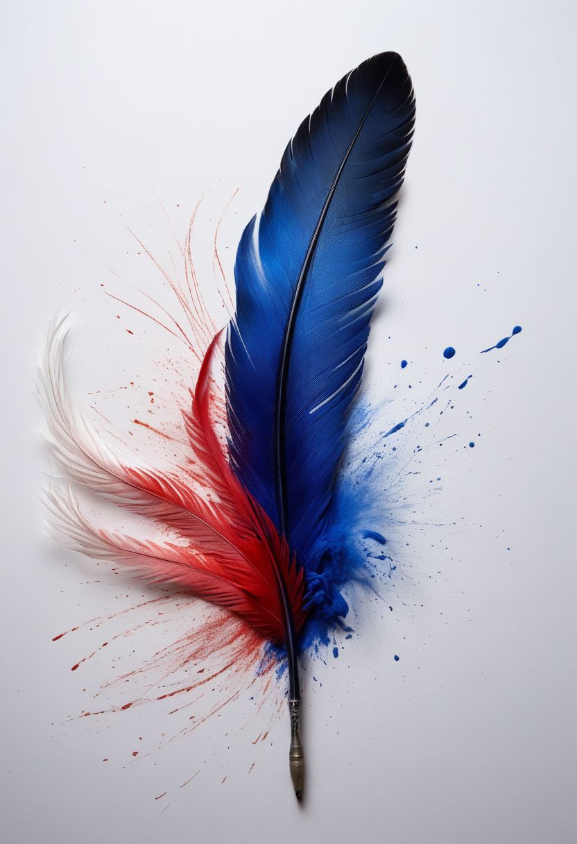 mysterious phoenix feather gliding through the air, single drop of deep blue ink dropping from the tip of the feather into a half full ink pot while an old piece of paper with beautiful writing and burning edges is hovering in the middle of it all, backlit glorious feather, fading blue red background, by Minjae Lee, Carne Griffiths, Emily Kell, Steve McCurry, Geoffroy Thoorens, Aaron Horkey, Jordan Grimmer, Greg Rutkowski, amazing depth, double exposure, surreal, geometric patterns, intricately detailed, bokeh,  perfect balanced, deep fine borders, artistic photorealism , smooth,  great masterwork by Suiras  <lora:add-detail-xl:2>  <lora:Double_Exposure:0.5>