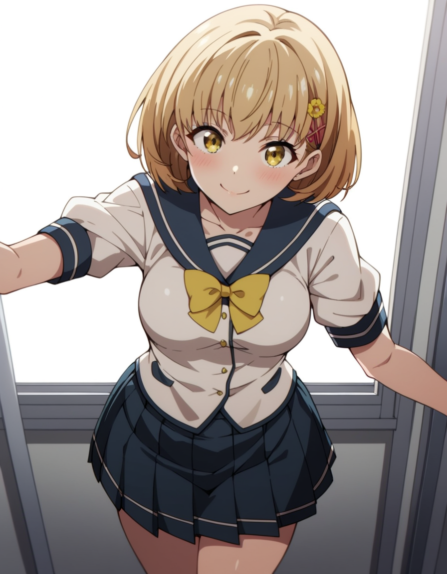score_9, score_8_up, score_7_up, source_anime, uncensored, <lora:StS_detail_slider_v1:3>, zPDXLxxx, <lora:Kimie_Kamata_PONYXL_VexVexX:1>, KimieKamata, 1girl, yellow eyes, blonde hair, short hair, hair ornament, hairclip, hair flower, medium breasts, school uniform, serafuku, pleated skirt, yellow bow, cowboy shot, indoors, from above, Skip lightly with one foot in front of the other, arms swinging freely, thighs, looking at view, smile,