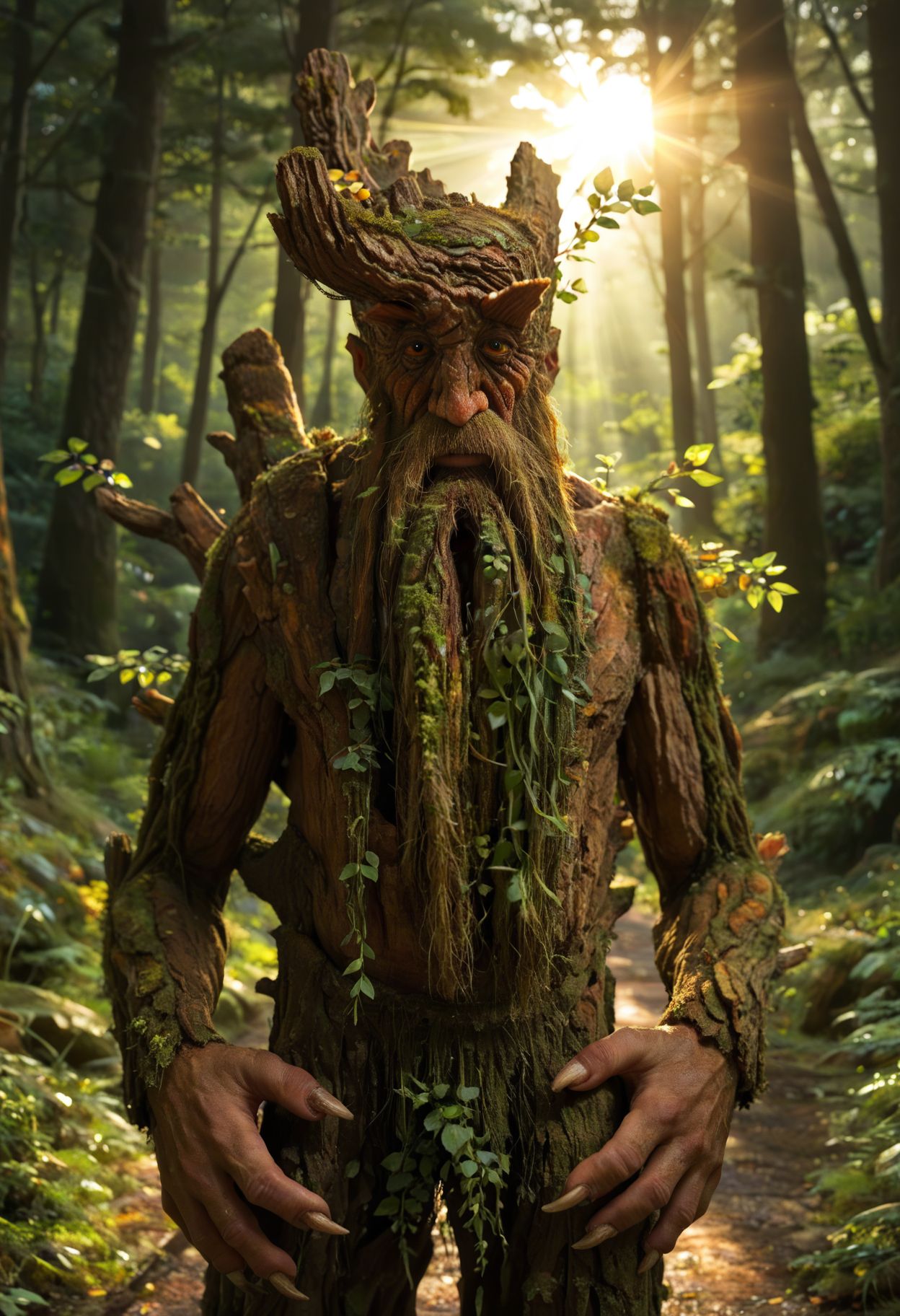 <lora:treebeard_lotr_pny-15:1.0> treebeard, yellow eyes, looking at viewer, smile, beard, 1boy, outdoors, forest, day, light rays, sunbeam, upper body, tree , hands on hips, claws, tree bark, score_9, score_8_up, score_7_up, score_6_up, score_5_up, score_4_up