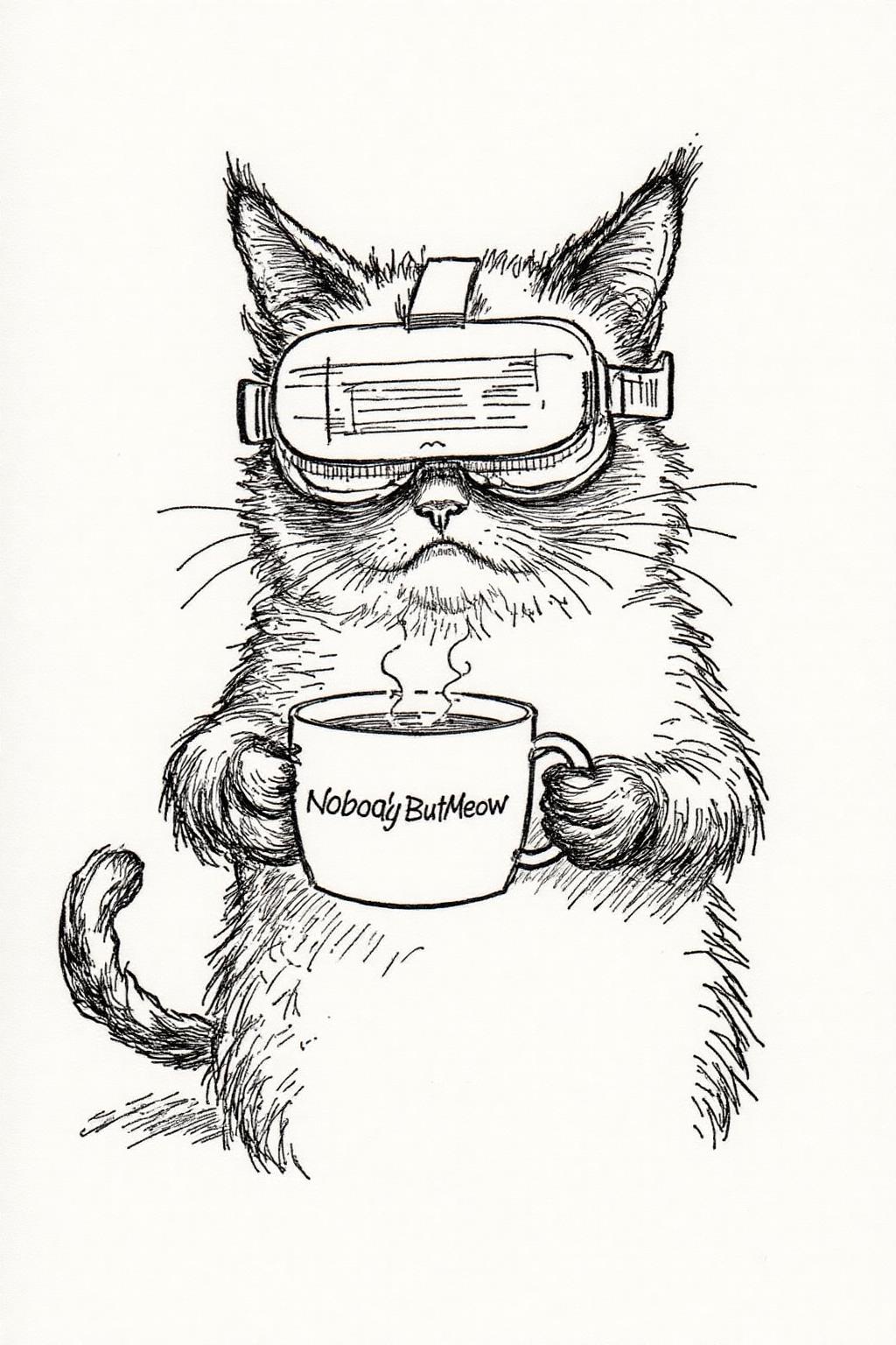 ehshep1 sketch. 
Grumpy Cat holidng a coffee mug, wearing a VR Headset. The mug has the phrase "NobodyButMeow" <lora:ehshep2_cap_d6a3e12:1.0><lora:826244149167588422:0>