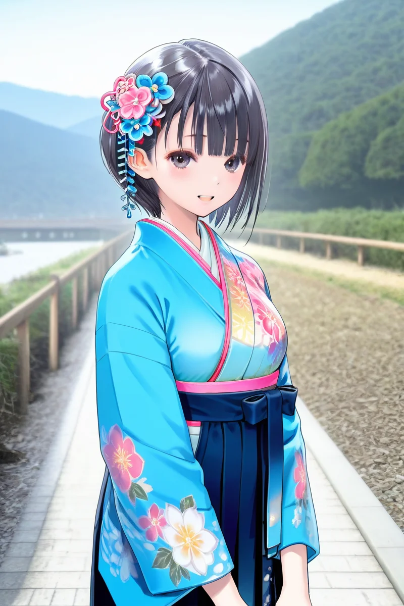 <lora:Shirai_Hinako_Blue_Reflection_illus:1>Shirai Hinako, japanese outfit,1girl, solo, looking at viewer, smile, short hair, bangs, skirt, black hair, hair ornament, long sleeves, standing, flower, outdoors, japanese clothes, hair flower, blunt bangs, kimono, black eyes, floral print, hakama, hakama skirt, blue kimono, photo background, anime color, seductive smile, open mouth, <lora:Add_more_details_pony:0.8> cowboy shot,