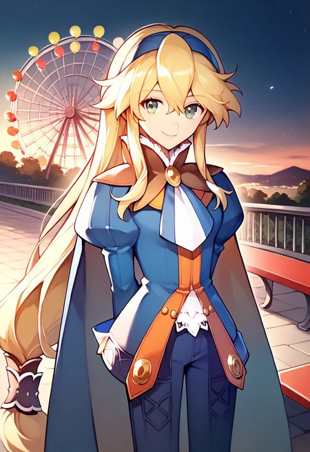 score_9, score_8_up, score_7_up, highres, (best quality:1.1), masterpiece, absurdes, 1girl, solo, long hair, looking at viewer, smile, standing, outdoors, night, arms behind back, bench, balloon, lamppost, ferris wheel, <lora:clarissaarwin-pdxl-nvwls-v1-000005:1> clarissa arwin, blonde hair, hairband, low-tied long hair, white ascot, blue cape, blue coat, puffy sleeves, white gloves, blue pants, smile