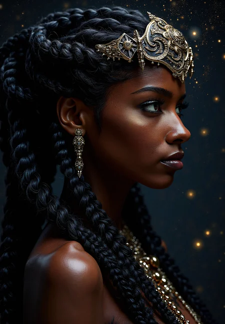 a detailed realism image of a dark=skinned woman with dark braids and beads, her hair blending seamlessly into a spiraling, fractal-like pattern with detailed skin and detailed skin pores The background glows with star-like particles, giving the impression that she is weaving the cosmos itself with her hair.
subtle light reflections on the fractal surfaces, giving them a polished, almost metallic appearance that enhances the sense of realism.