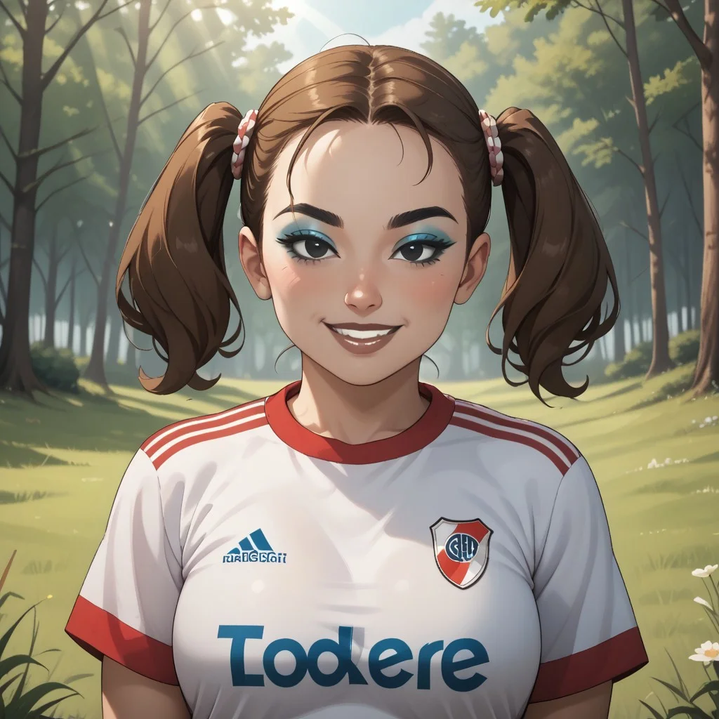 score_9, score_8, BREAK, solo, 1girl, female mii, brown hair, twintails, black eyes, black eyebrows, blue eyeshadow, makeup, blush, brown lips, lipstick, teeth, RiverPlate, striped shirt, striped, shirt, white shirt, short sleeves, clothes writing, sportswear, soccer uniform, big breasts, Yaami_(OC_Mii), plump, fat, chubby, sexy pose, self portrait, smile, looking at viewer, outdoors, sunlight, shadows, evening lighting, natural lighting, forest, trees, grass, orange sky, sunset