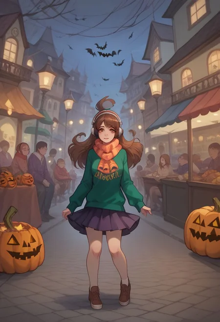 score_9, score_8_up, score_7_up, score_6_up
BREAK
beautiful woman, lfg, sweater, scarf, headphones, skirt, Halloween, Spooky