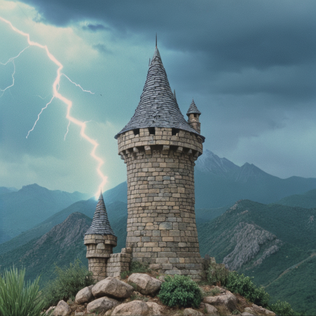 <lora:80sFantasyMovieMJ7SDXL:1> 80s Fantasy Movie Still, The image shows a stone tower with a pointed roof on top of a hill. The tower appears to be old and weathered with cracks and chips in the stone. It is surrounded by rocks and shrubs and in the background there are mountains covered in greenery. The sky is cloudy and a lightning bolt is striking down from the sky creating a dramatic and ominous scene. The overall mood of the image is dark and ominous.