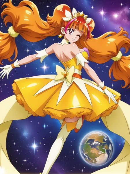 detailed background, shiny skin, posing,
<lora:curetwinkle.pony:1>,
curetwinkle,
large breasts,
space, stars, sparkle, floating,
one eye closed, look back,