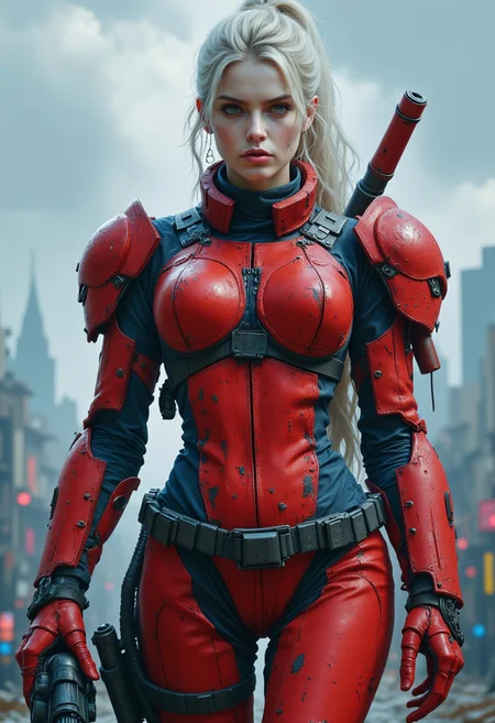 The image is a highly detailed, realistic digital painting featuring a young woman with a fierce, determined expression. She has piercing blue eyes and pale skin, with long, platinum blonde hair styled in a high ponytail. Her attire is a futuristic, armored suit in a striking red color, adorned with intricate, metallic details and straps that cover her torso and shoulders. The armor is weathered, showing signs of wear and tear, with a gritty, battle-ready texture.