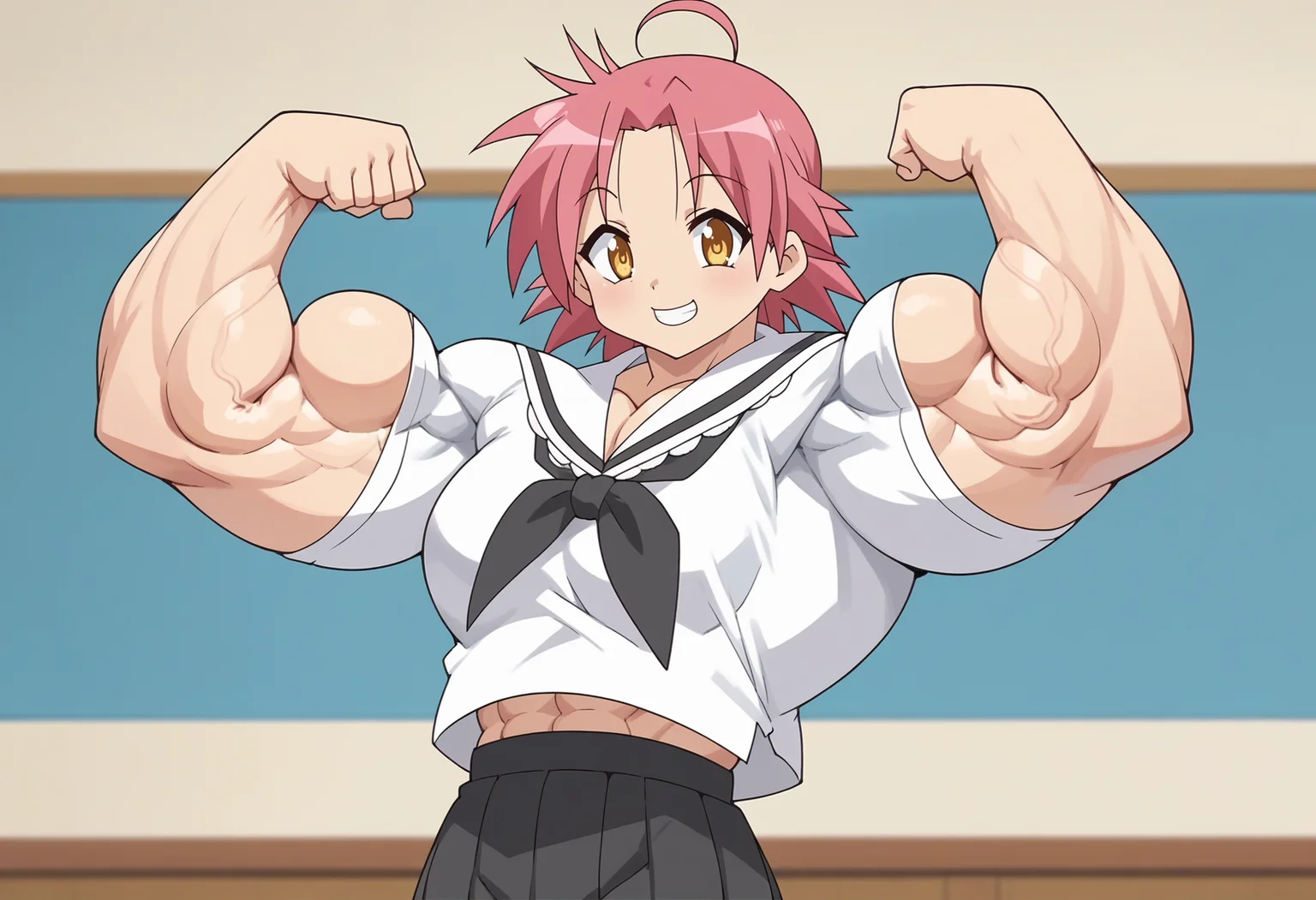score_9, score_8_up, score_7_up, score_6_up, score_5_up, score_4_up , anime coloring ,BREAK source_anime, anime,screencap,
1girl, solo, lsakira, muscular_female, black skirt, school uniform, grey pantyhose, sleeves past wrists, sleeves past fingers, skin tight, indoors, smile, cheerful, flexing biceps, looking at viewer,
<lora:PonyDiffXL_LuckyStar_Akira V1:1> <lora:PonyDiffXL_Style_MusctonkXL:1>