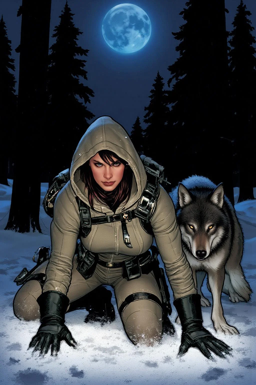 adhughes1 illustration in a comic book style.
a lone futuristic, rugged female warrior kneels in a dark, snowy forest at dusk, illuminated solely by a dim blue light from above that casts an eerie glow over her and her loyal wolf companion. She wears a tactical outfit layered with worn fabric and protective padding. Multiple tactical pouches are strapped across her chest, waist, and legs. Her hood partially shadows her face, but her intense, smirking expression is visible as she closely examines the snow-covered ground, one gloved hand brushing aside the top layer to reveal hidden tracks or markings. Beside her, the wolf stands alert, his ears perked and eyes focused on the surroundings, adding a sense of vigilance and loyalty to the scene. Snow-covered trees surround them, their tall, dark silhouettes blending into the night, while the cold blue light creates a stark contrast against the surrounding darkness. The scene is filled with solitude and desolation, as if they're searching for clues in a hostile, abandoned world.
<lora:adhughes1_cap_d8a4e12:1.0><lora:832444174977635066:0>