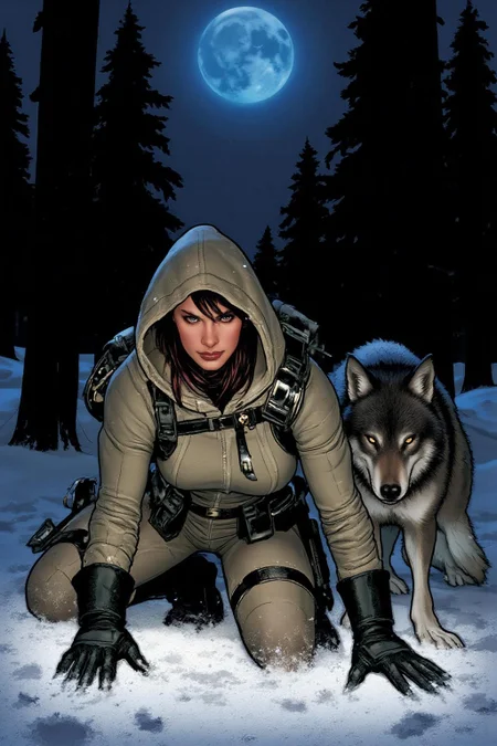 adhughes1 illustration in a comic book style.
a lone futuristic, rugged female warrior kneels in a dark, snowy forest at dusk, illuminated solely by a dim blue light from above that casts an eerie glow over her and her loyal wolf companion. She wears a tactical outfit layered with worn fabric and protective padding. Multiple tactical pouches are strapped across her chest, waist, and legs. Her hood partially shadows her face, but her intense, smirking expression is visible as she closely examines the snow-covered ground, one gloved hand brushing aside the top layer to reveal hidden tracks or markings. Beside her, the wolf stands alert, his ears perked and eyes focused on the surroundings, adding a sense of vigilance and loyalty to the scene. Snow-covered trees surround them, their tall, dark silhouettes blending into the night, while the cold blue light creates a stark contrast against the surrounding darkness. The scene is filled with solitude and desolation, as if they're searching for clues in a hostile, abandoned world.
<lora:adhughes1_cap_d8a4e12:1.0><lora:832444174977635066:0>