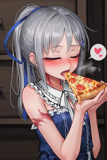 score 9,score 8 up,score 7 up,rating questionable,detailed background,aroused,cinematic lighting,dynamic lighting,uncensored,
,sylvie <lora:sylvie.pony:1>
steaming body,sensual,alluring,sweatdrop,heavy breathing,(spoken heart),silver hair, ponytail,blue ribbon,
blue-dress,sleeveless,
hud_e4ting,holding pizza slice,holding food,eating,<lora:eating_slice_of_pizza:0.6>,open mouth,closed eyes,
Intimate Portuguese Fado Bar,softly glowing lanterns and flickering candles,saliva,