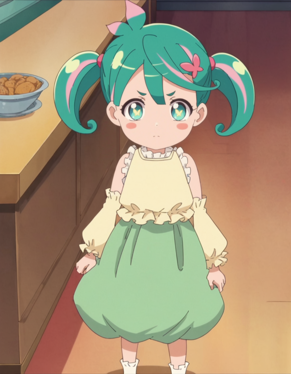 score_9, score_8_up, score_7_up, anime screencap, solo,1girl,hisui,  shirt, twintails, detached sleeves, closed mouth, sleeveless, blush stickers, looking at viewer, skirt, yellow shirt, socks, hair ornament, green skirt <lora:hisui_pony:0.8>