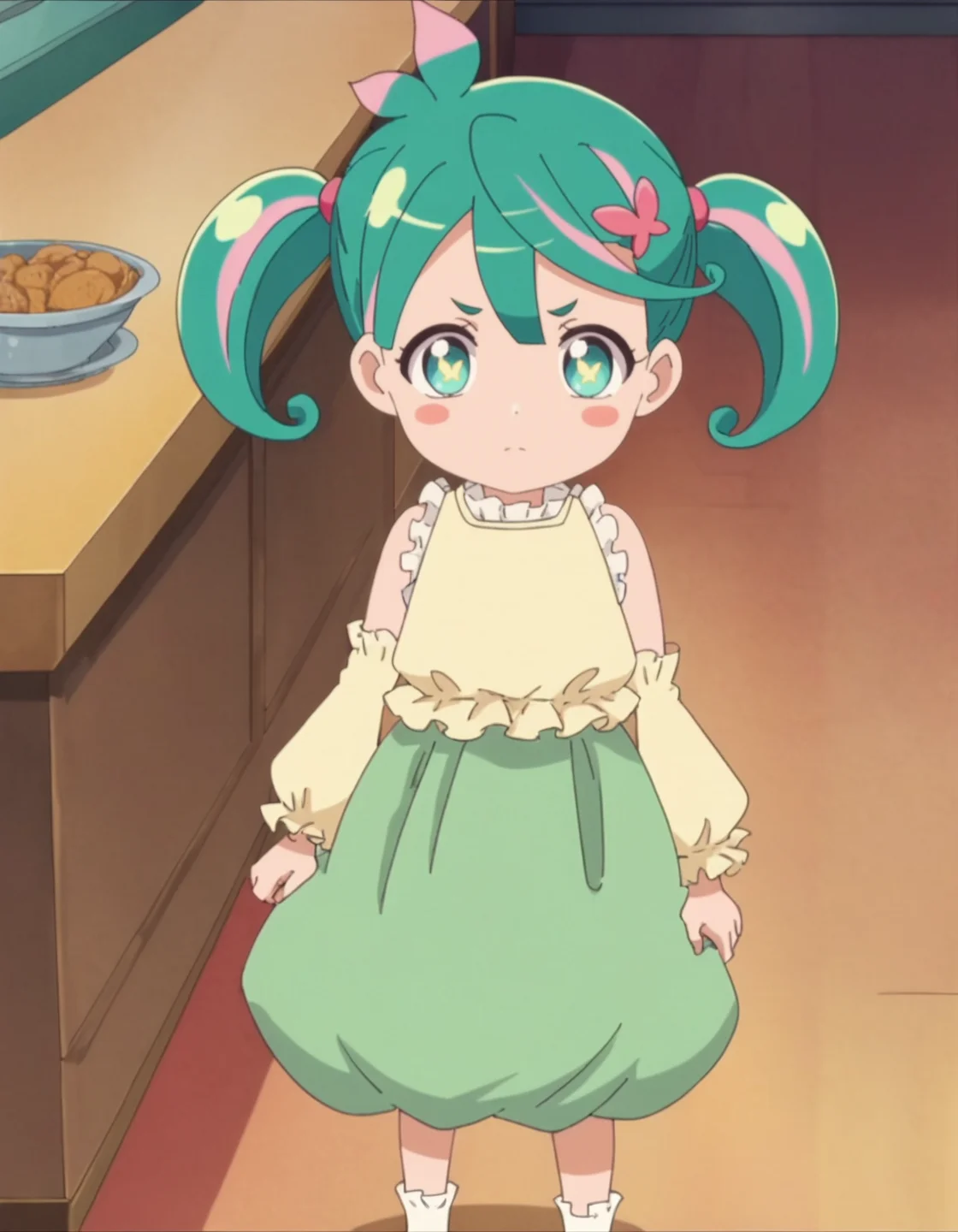 score_9, score_8_up, score_7_up, anime screencap, solo,1girl,hisui, shirt, twintails, detached sleeves, closed mouth, sleeveless, blush stickers, looking at viewer, skirt, yellow shirt, socks, hair ornament, green skirt <lora:hisui_pony:0.8>