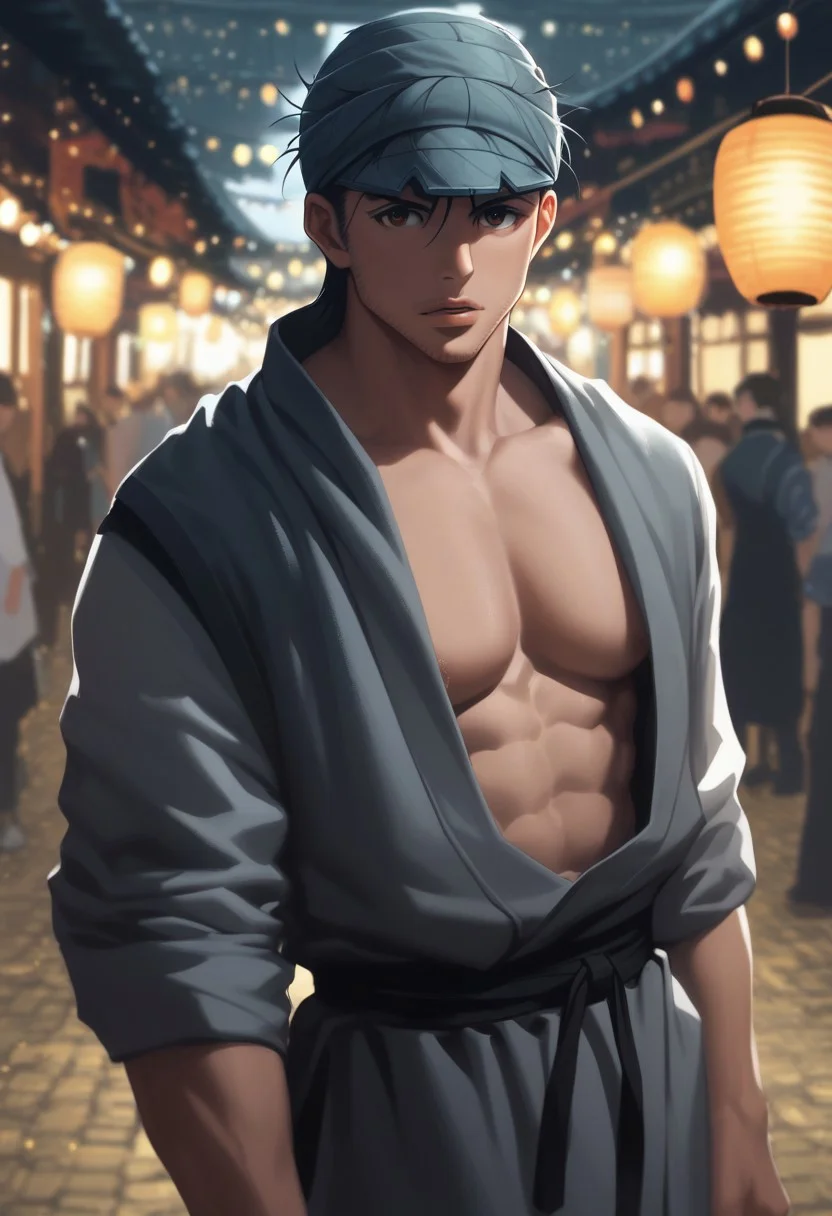 score_9, score_8_up, score_7_up, source_anime, rating_explicit, hands with five fingers, pecs, Ginunter, 1boy, male focus, light blue turban-visor, grey yukata, serious, parted lips, blurry outdoor lantern festival, stalls, warm bokeh, realistic lighting,