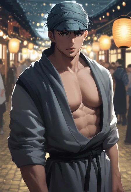 score_9, score_8_up, score_7_up, source_anime, rating_explicit, hands with five fingers, pecs, Ginunter, 1boy, male focus, light blue turban-visor, grey yukata, serious, parted lips, blurry outdoor lantern festival, stalls, warm bokeh, realistic lighting,