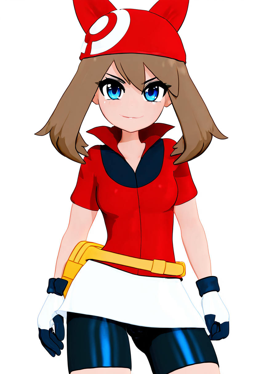 masterpiece, best quality, medium breasts, (curvy),   BREAK,  zzMay, may (pokemon), solo, brown hair, blue eyes, medium hair, red shirt, bike shorts, red bandana, red shirt, gloves,  white miniskirt, yellow belt,  <lora:MayPokemonIXL_v2:1.0>,smile, looking at viewer, cowboy shot,   <lora:MantisNAI:0.8>,