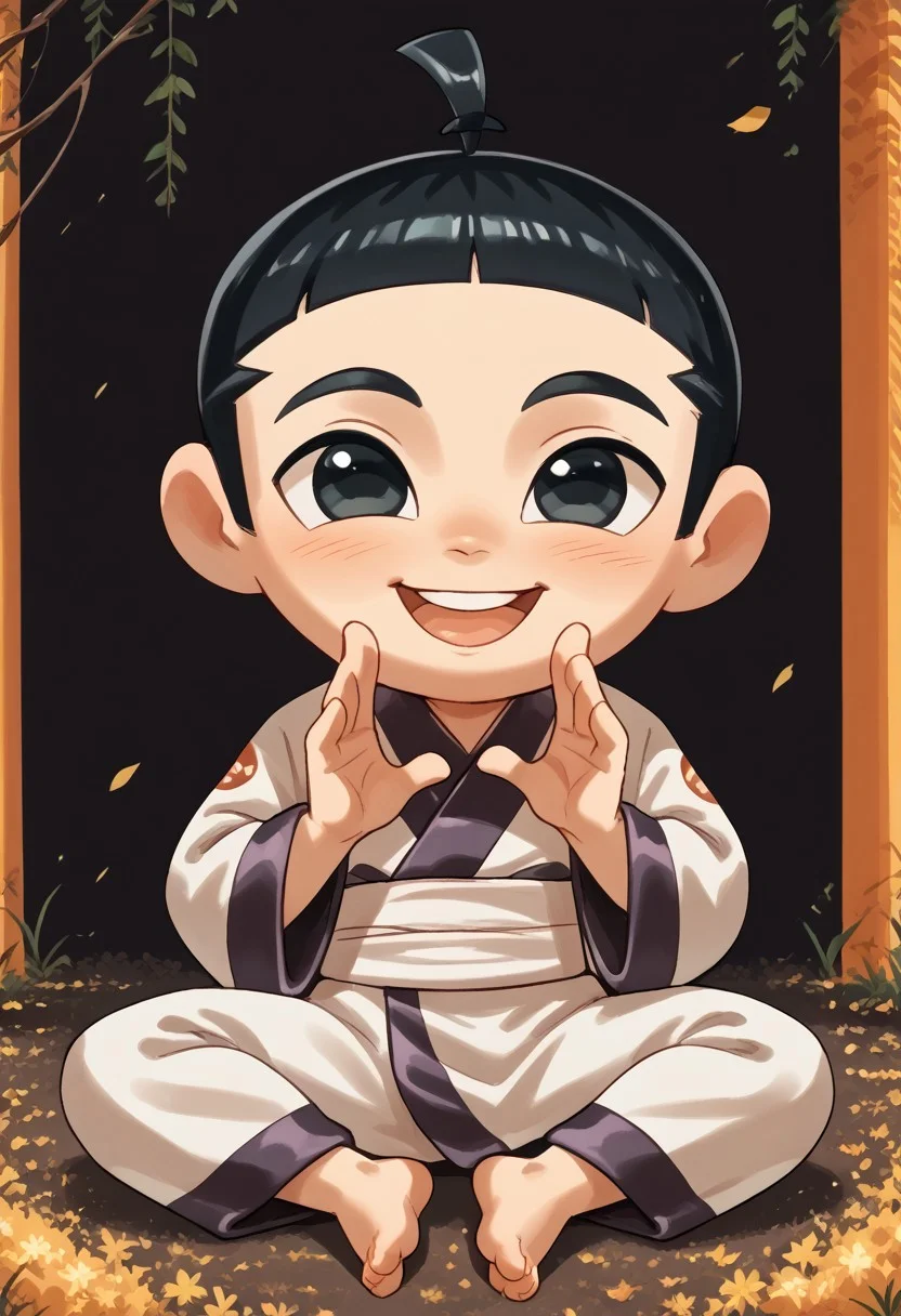 score_9, score_8_up, score_7_up, highly detailed, CuteCartoonStyle, cute, Score_9, Score_8_up, Score_7_up <lora:Young Samurai Jack:1>,youngjack, fair skin, topknot, short black hair, black eyes, male, solo, 1boy, black hair, male focus, japanese clothes, smile, black eyes, open mouth, kimono, long sleeves, chibi
, <lora:Cute Cartoon ArtStyle:1>CuteCartoonStyle,
<lora:IssaKa Poses:1>, full body, sitting, sitted, open legs, hands beside body, front view