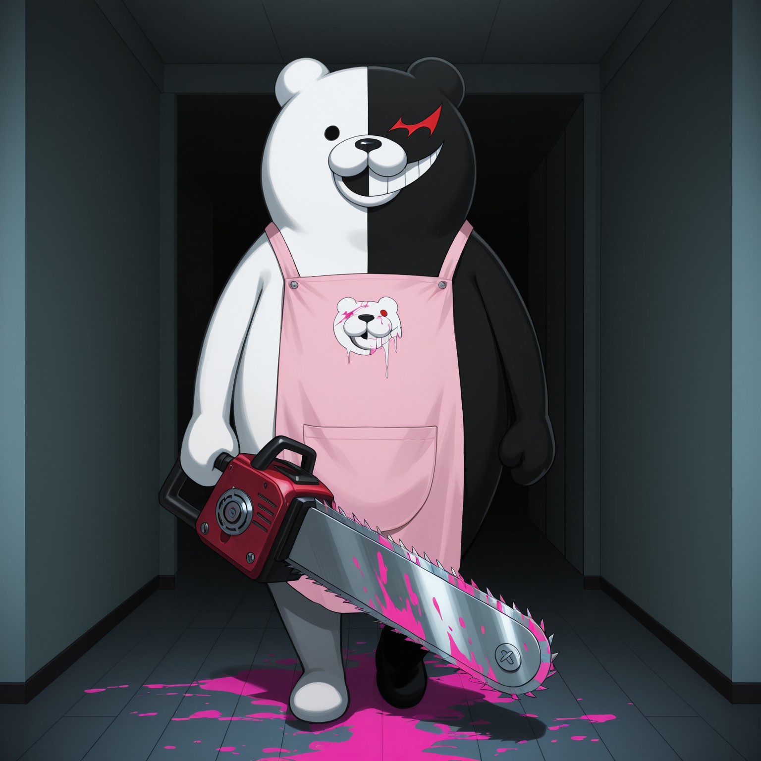 Monokuma, Bear, 2d, solo, 1boy, male, bear, genetic chimerism, white skin, black skin, two tone skin, split color skin, black eye, red eye, no sclera, heterochromia, evil grin, teeth, black nose, 

BREAK best quality, amazing quality, very aesthetic, absurdres, newest, masterpiece, holding chainsaw, dark room, indoors, dark environment, (walking), apron, bloodied apron, bloodied chainsaw, creepy, looking at viewer, ((pink blood, pink blood on floor, covered in pink blood))
